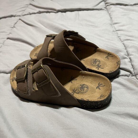 Wonder Nation Tan Brown Double Straps Faux Leather Slip on Slides Sandals Kids 1 - Picture 3 of 9